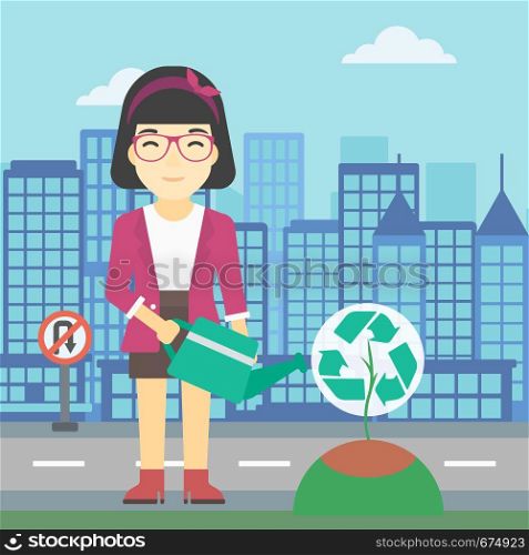An asian young woman watering a tree with a recycle sign instead of crown on a city backround. Eco-friendly woman takes care of the environment. Vector flat design illustration. Square layout.. Woman watering tree with recycle sign.