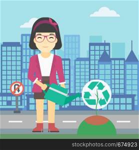 An asian young woman watering a tree with a recycle sign instead of crown on a city backround. Eco-friendly woman takes care of the environment. Vector flat design illustration. Square layout.. Woman watering tree with recycle sign.