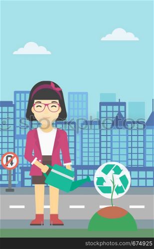 An asian young woman watering a tree with a recycle sign instead of crown on a city backround. Eco-friendly woman takes care of the environment. Vector flat design illustration. Vertical layout.. Woman watering tree with recycle sign.