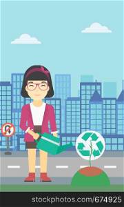 An asian young woman watering a tree with a recycle sign instead of crown on a city backround. Eco-friendly woman takes care of the environment. Vector flat design illustration. Vertical layout.. Woman watering tree with recycle sign.