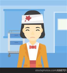 An asian young woman with bandages over her head. Sad woman with a bandaged head in the medical office. Young wounded woman in the hospital. Vector flat design illustration. Square layout.. Woman with injured head vector illustration.