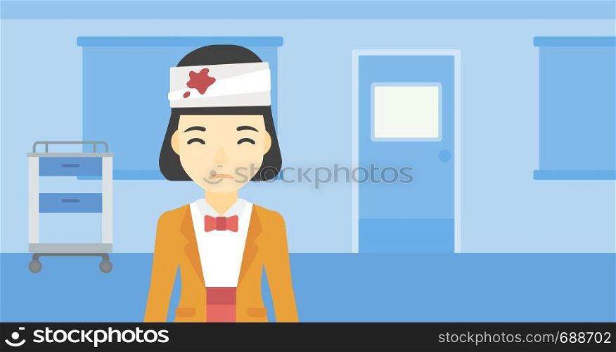 An asian young woman with bandages over her head. Sad woman with a bandaged head in the medical office. Young wounded woman in the hospital. Vector flat design illustration. Horizontal layout.. Woman with injured head vector illustration.
