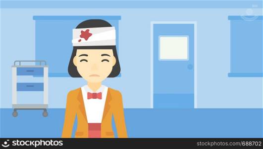 An asian young woman with bandages over her head. Sad woman with a bandaged head in the medical office. Young wounded woman in the hospital. Vector flat design illustration. Horizontal layout.. Woman with injured head vector illustration.