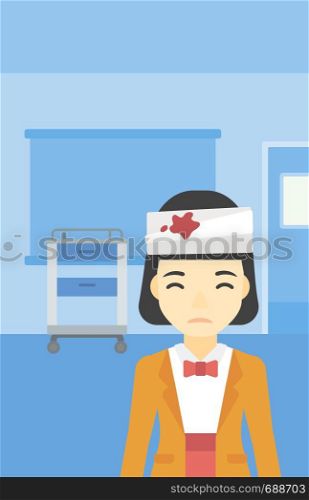 An asian young woman with bandages over her head. Sad woman with a bandaged head in the medical office. Young wounded woman in the hospital. Vector flat design illustration. Vertical layout.. Woman with injured head vector illustration.