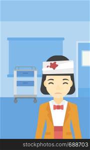 An asian young woman with bandages over her head. Sad woman with a bandaged head in the medical office. Young wounded woman in the hospital. Vector flat design illustration. Vertical layout.. Woman with injured head vector illustration.