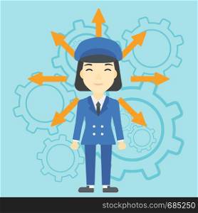 An asian young woman with many arrows around her head standing on a blue background with cogwheels. Concept of career choices. Vector flat design illustration. Square layout.. Woman choosing career way.