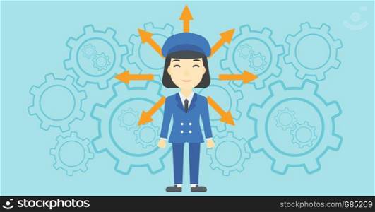 An asian young woman with many arrows around her head standing on a blue background with cogwheels. Concept of career choices. Vector flat design illustration. Horizontal layout.. Woman choosing career way.