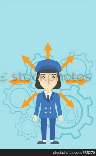 An asian young woman with many arrows around her head standing on a blue background with cogwheels. Concept of career choices. Vector flat design illustration. Vertical layout.. Woman choosing career way.