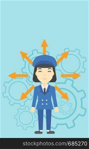 An asian young woman with many arrows around her head standing on a blue background with cogwheels. Concept of career choices. Vector flat design illustration. Vertical layout.. Woman choosing career way.