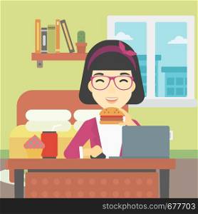 An asian young woman working on laptop while eating junk food on the background of bedroom. Vector flat design illustration. Square layout.. Woman eating hamburger vector illustration.