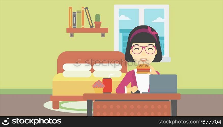 An asian young woman working on laptop while eating junk food on the background of bedroom. Vector flat design illustration. Horizontal layout.. Woman eating hamburger vector illustration.