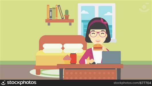 An asian young woman working on laptop while eating junk food on the background of bedroom. Vector flat design illustration. Horizontal layout.. Woman eating hamburger vector illustration.