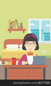 An asian young woman working on laptop while eating junk food on the background of bedroom. Vector flat design illustration. Vertical layout.. Woman eating hamburger vector illustration.