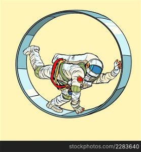 An astronaut in a squirrel wheel. Routine monotonous work. A man in captivity of his affairs. pop art Retro vector Illustration 50s 60s kitsch Vintage style. An astronaut in a squirrel wheel. Routine monotonous work. A man in captivity of his affairs