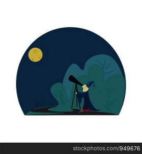 An astronomer focusing on the sky through his telescope on a dark cold night vector color drawing or illustration