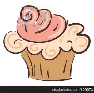 An attractive brown cupcake with pink frosting and blue sprinkles kept on a table vector color drawing or illustration