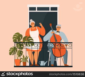 An elderly couple is gardening on the balcony. Grandparents on the balcony with plants. Hobbies for the elderly. Old man playing the cello. Stay home concept.. An elderly couple is gardening on the balcony. Grandparents on the balcony with plants. Hobbies for the elderly. Old man playing the cello. Stay home concept