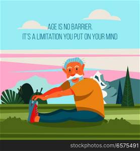 An elderly man engaged in fitness and yoga in the fresh air. He leads a healthy and active lifestyle. Vector illustration in cartoon style.