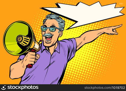 an elderly man with a megaphone. Pop art retro vector illustration drawing vintage kitsch. an elderly man with a megaphone