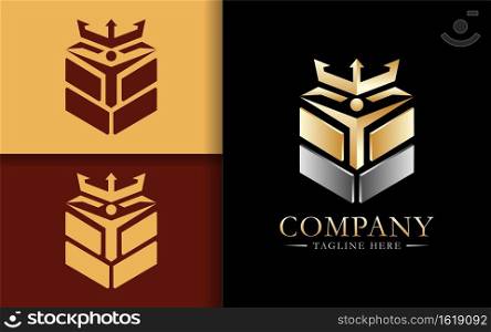 An elegant and luxurious logo concept featuring a gold shield with people and a crown. Usable for group business, brand and company.