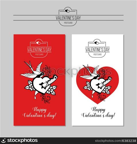 An emblem of love. Congratulations on Valentine&rsquo;s day, the day of the wedding. Heart pierced by a dagger. Retro style. Vector illustration.