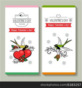 An emblem of love. Congratulations on Valentine&rsquo;s day, the day of the wedding. Two loving hearts and a bird. Retro style. Vector illustration.