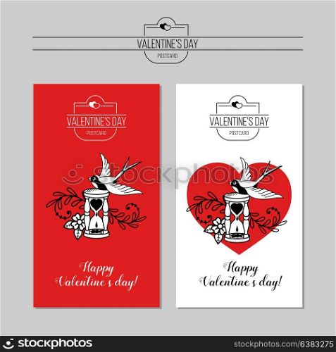 An emblem of love. Congratulations on Valentine&rsquo;s day, the day of the wedding. Bird and hourglass with hearts inside. Retro style. Vector illustration.