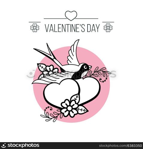 An emblem of love. Congratulations on Valentine&rsquo;s day, the day of the wedding. Two loving hearts and a bird in the floral decorations. Vector illustration.