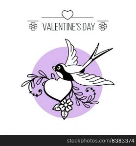 An emblem of love. Congratulations on Valentine&rsquo;s day, the day of the wedding. The heart and the bird in the floral decorations. Vector illustration.