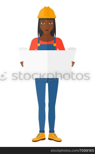An engineer considering a blueprint vector flat design illustration isolated on white background. . Engineer holding a blueprint.
