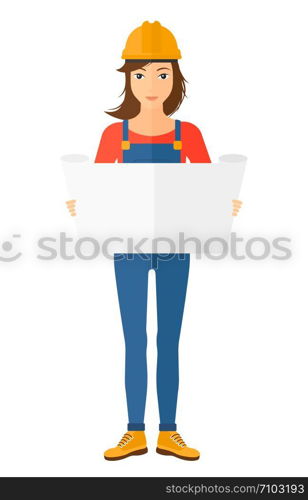 An engineer considering a blueprint vector flat design illustration isolated on white background. Vertical layout.. Engineer holding a blueprint.