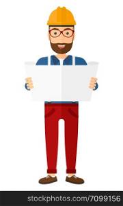 An engineer with the beard considering a blueprint vector flat design illustration isolated on white background. Vertical layout.. Engineer holding blueprint.