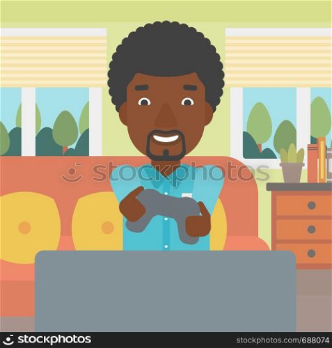 An enthusiastic african-american man sitting on a sofa with gamepad in hands in living room vector flat design illustration. Square layout.. Man playing video game.
