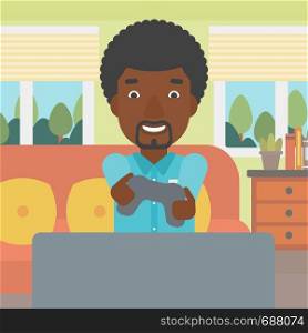 An enthusiastic african-american man sitting on a sofa with gamepad in hands in living room vector flat design illustration. Square layout.. Man playing video game.