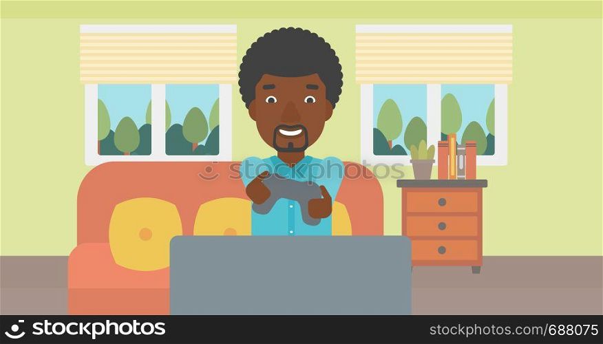 An enthusiastic african-american man sitting on a sofa with gamepad in hands in living room vector flat design illustration. Horizontal layout.. Man playing video game.