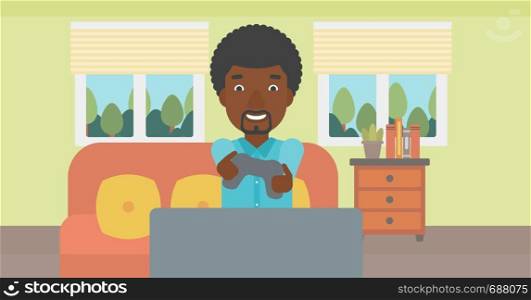 An enthusiastic african-american man sitting on a sofa with gamepad in hands in living room vector flat design illustration. Horizontal layout.. Man playing video game.