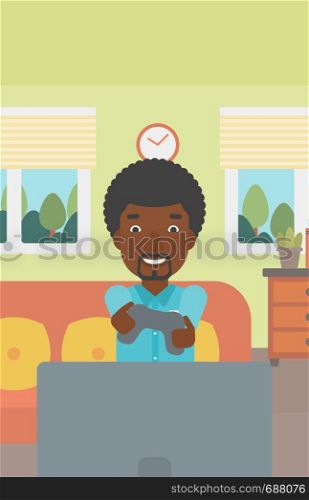 An enthusiastic african-american man sitting on a sofa with gamepad in hands in living room vector flat design illustration. Vertical layout.. Man playing video game.