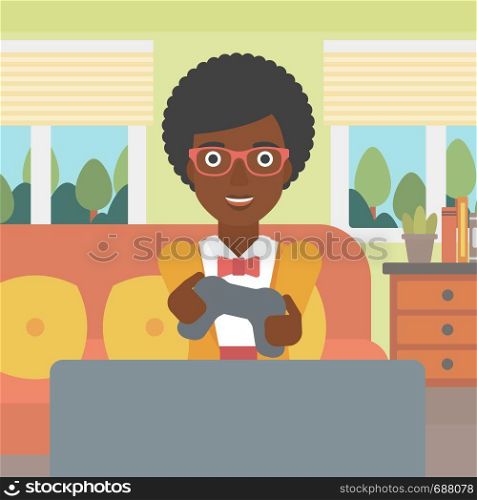 An enthusiastic african-american woman sitting on a sofa with gamepad in hands in living room vector flat design illustration. Square layout.. Woman playing video game.