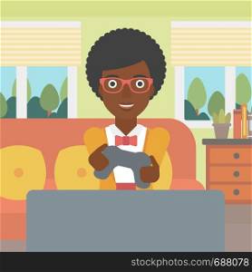 An enthusiastic african-american woman sitting on a sofa with gamepad in hands in living room vector flat design illustration. Square layout.. Woman playing video game.