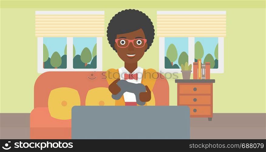 An enthusiastic african-american woman sitting on a sofa with gamepad in hands in living room vector flat design illustration. Horizontal layout.. Woman playing video game.