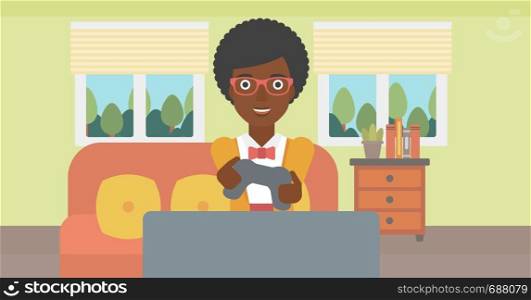 An enthusiastic african-american woman sitting on a sofa with gamepad in hands in living room vector flat design illustration. Horizontal layout.. Woman playing video game.