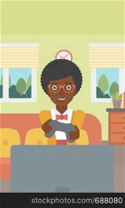 An enthusiastic african-american woman sitting on a sofa with gamepad in hands in living room vector flat design illustration. Vertical layout.. Woman playing video game.