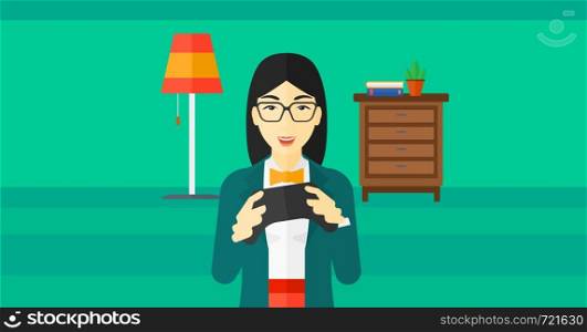 An enthusiastic asian woman with gamepad in hands on a living room background vector flat design illustration. Horizontal layout.. Woman playing video game.