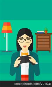 An enthusiastic asian woman with gamepad in hands on a living room background vector flat design illustration. Vertical layout.. Woman playing video game.