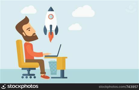 An enthusiastic, eager hipster Caucasian young man with beard sitting in front of his laptop browsing, researching and planning a metaphor for new business. On-line start up business concept. A Contemporary style with pastel palette, soft blue tinted background with desaturated clouds. Vector flat design illustration. Horizontal layout with a text space in right side.. On-line start up