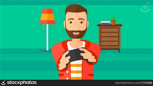 An enthusiastic hipster man with gamepad in hands on a living room background vector flat design illustration. Horizontal layout.. Man playing video game.