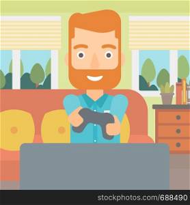 An enthusiastic hipster man with gamepad in hands on the background of living room vector flat design illustration. Square layout.. Man playing video game.