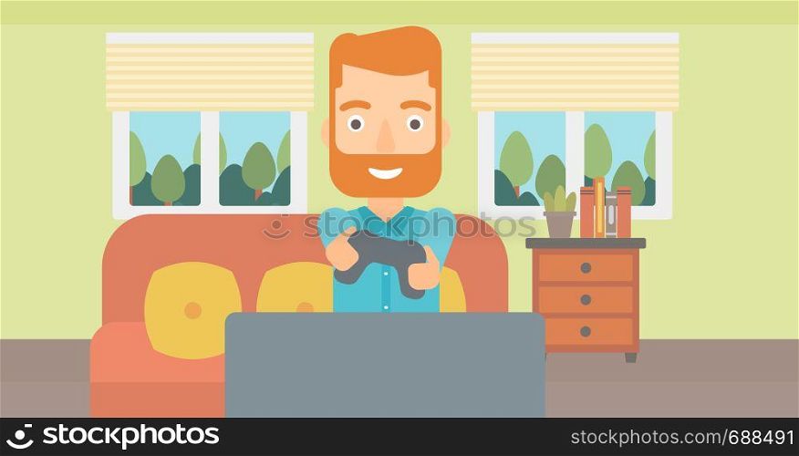 An enthusiastic hipster man with gamepad in hands on the background of living room vector flat design illustration. Horizontal layout.. Man playing video game.