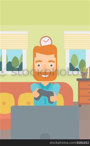 An enthusiastic hipster man with gamepad in hands on the background of living room vector flat design illustration. Vertical layout.. Man playing video game.
