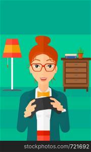 An enthusiastic woman with gamepad in hands on a living room background vector flat design illustration. Vertical layout.. Woman playing video game.